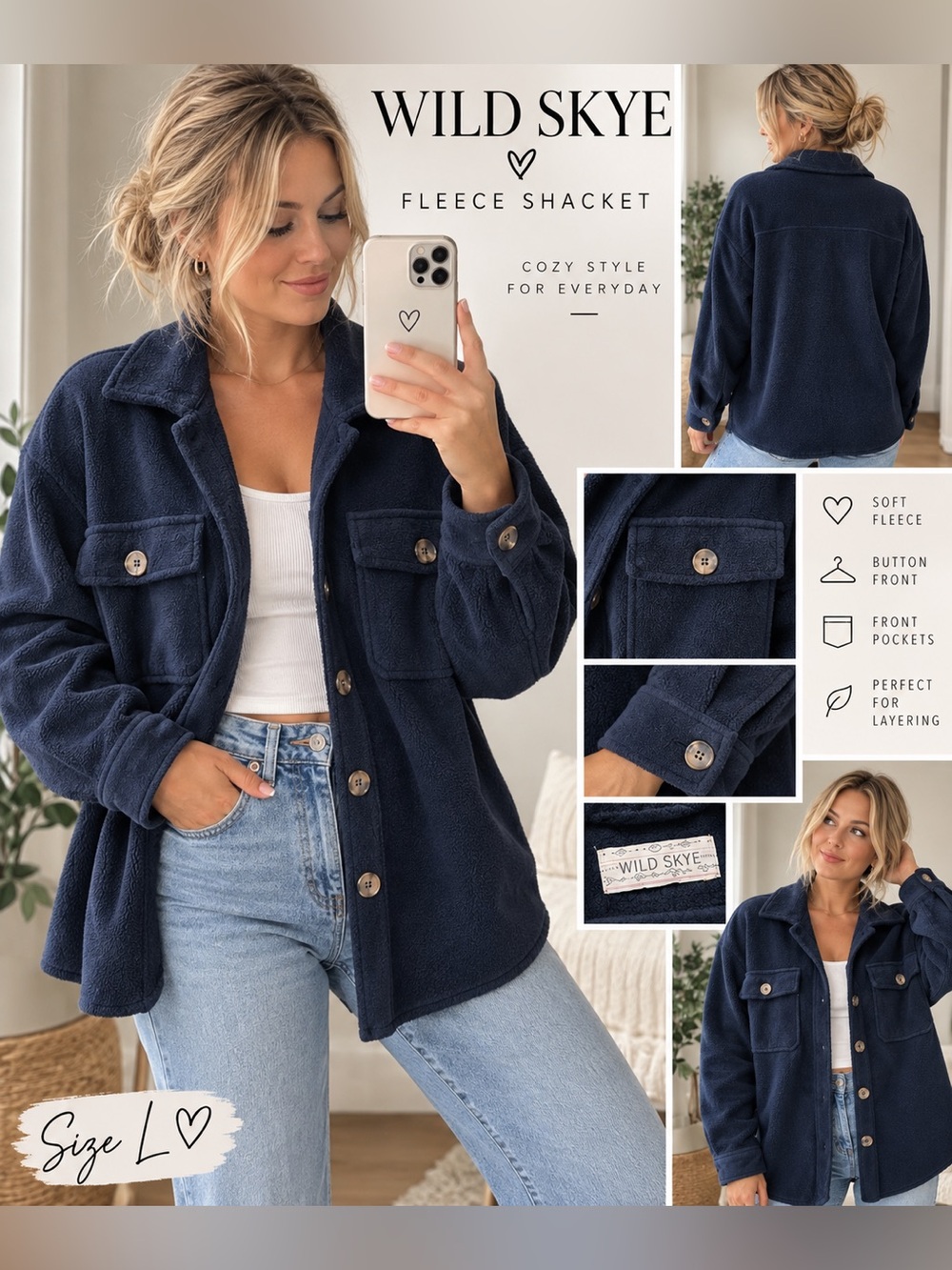 Wild Skye | Navy | Large | Fleece Shacket Jacket | Button Front 💙